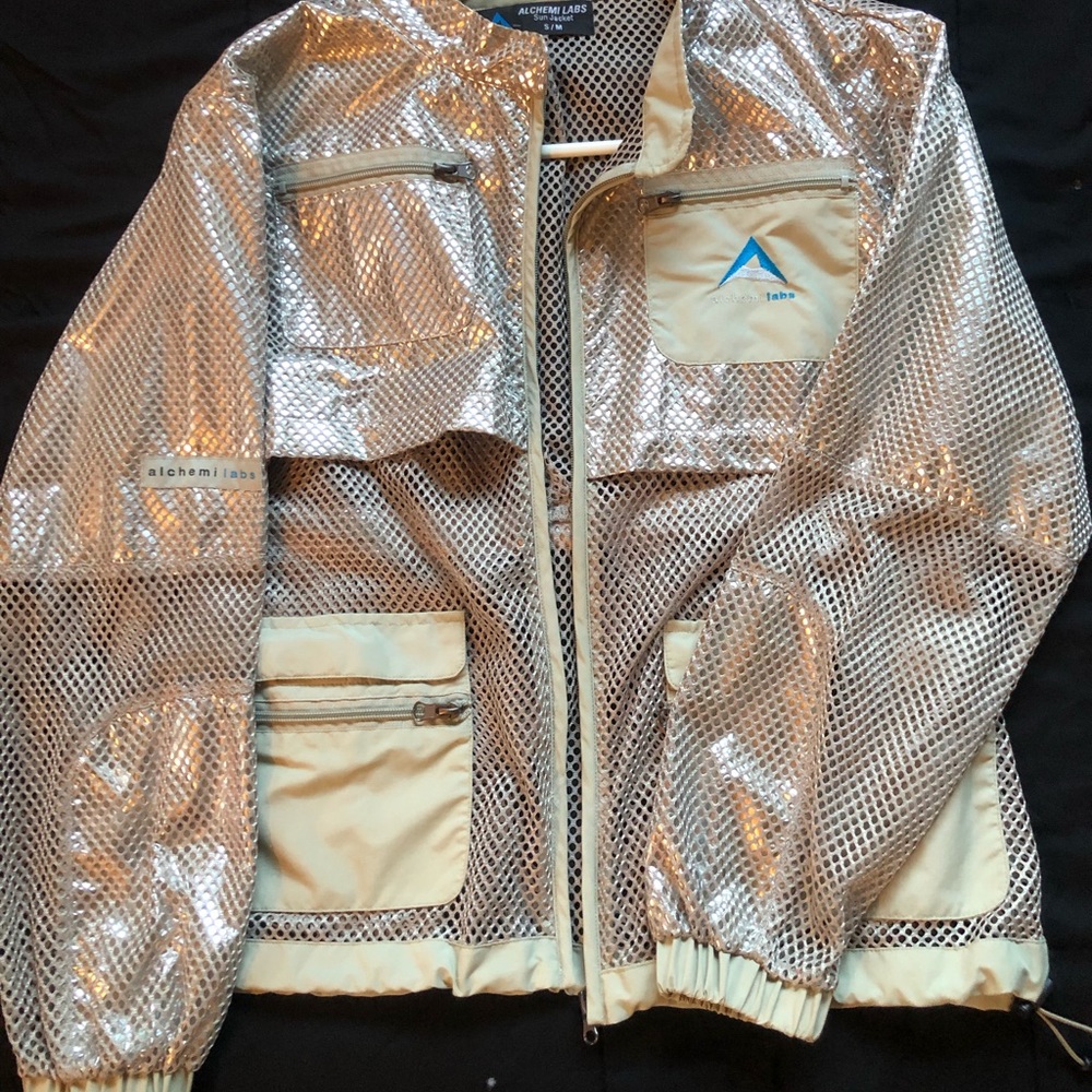 Alchemi Labs Sun Jacket- netted gold with silver sun protection and blue emblem